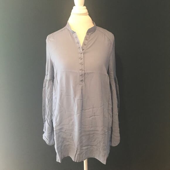 Bell Sleeve Top Flowy Blue Button Up Blouse - Picture 4 of 7